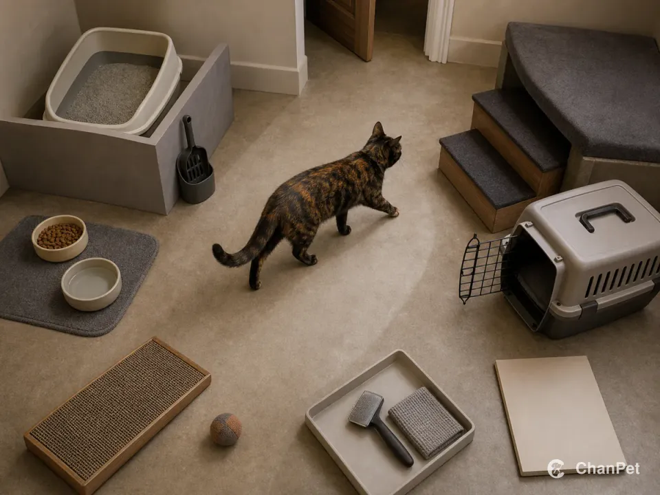 A high view of a tortoiseshell cat following an open route past food, water, litter, scratching, play, grooming, rest, and an open carrier