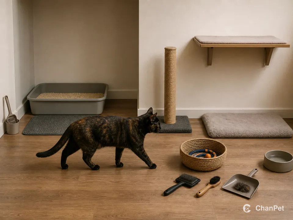 玳瑁猫沿着猫砂盆、抓柱、清洁刷具、玩具篮和休息位组成的晚间动线行走