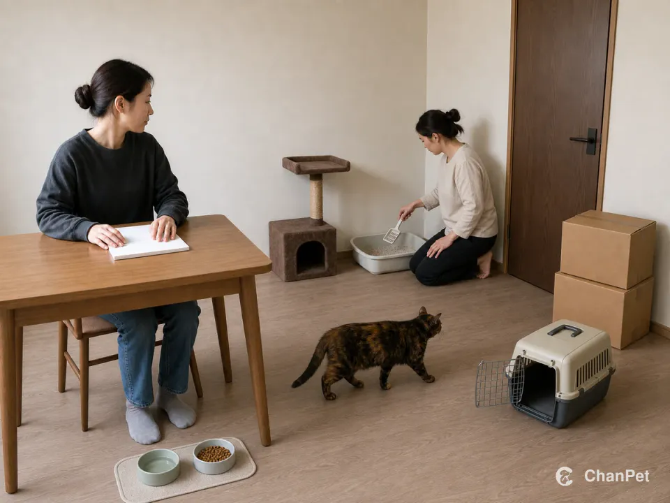 学生在无字书桌旁，备用照护者为一只玳瑁猫清理猫砂，分开的食水、搬家箱和开放运输箱已备好