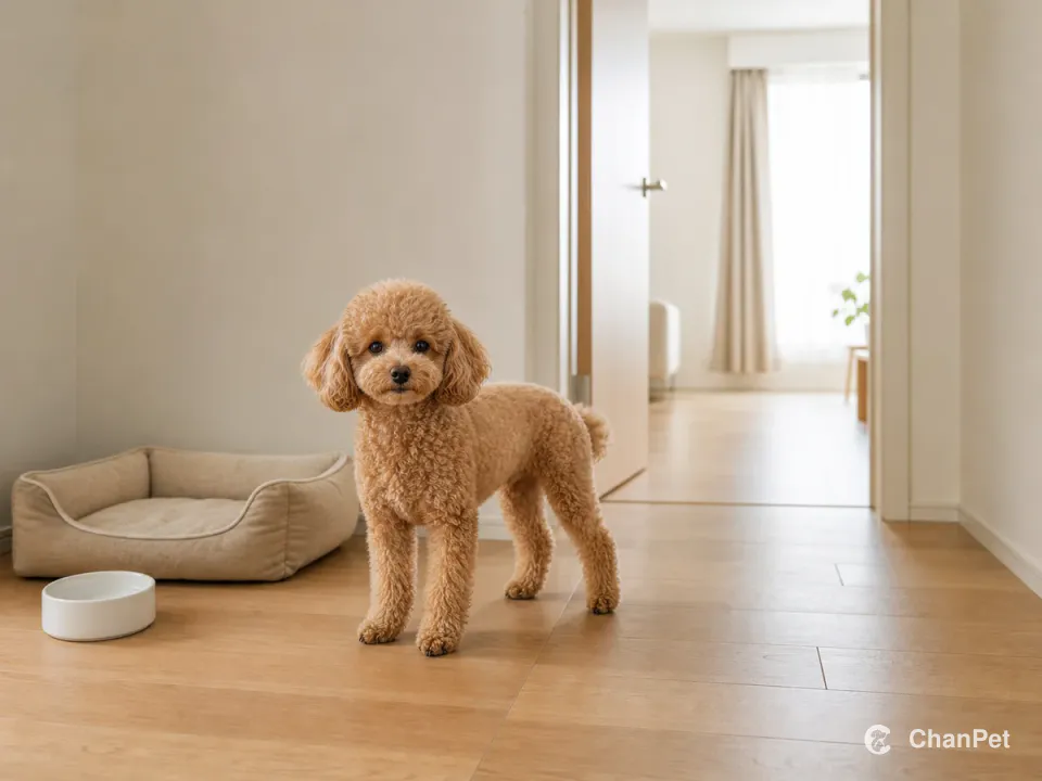 An apricot Toy Poodle stands beside an open interior doorway, bed and water bowl in a compact apartment.