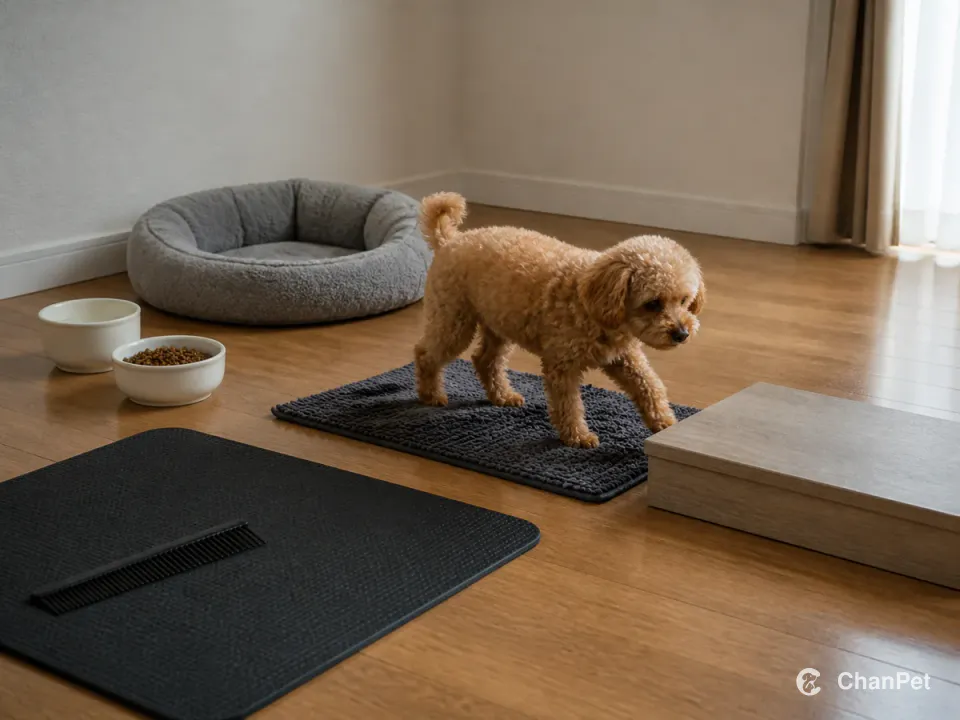 An adult Toy Poodle naturally walking between a short training mat and low step, with a grooming mat and comb in the foreground and food, water, and a low resting bed beyond.