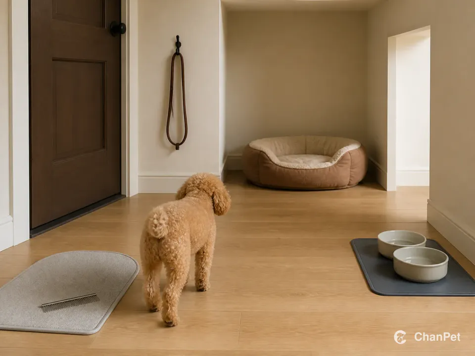 An apricot Toy Poodle walks toward a quiet resting bed beside a fixed grooming mat, separate food and water area, and a closed door with a stored lead.