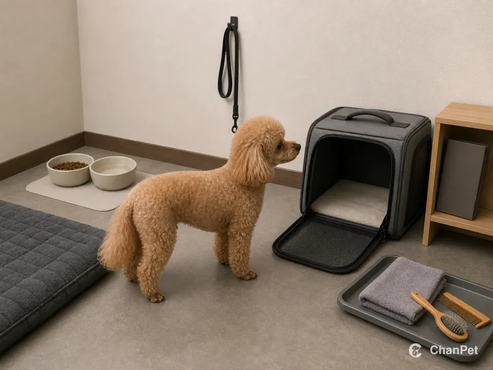 An adult Toy Poodle stands beside a sleeping mat and looks toward an open carrier, with food, water, leash, towel and grooming tools set nearby.