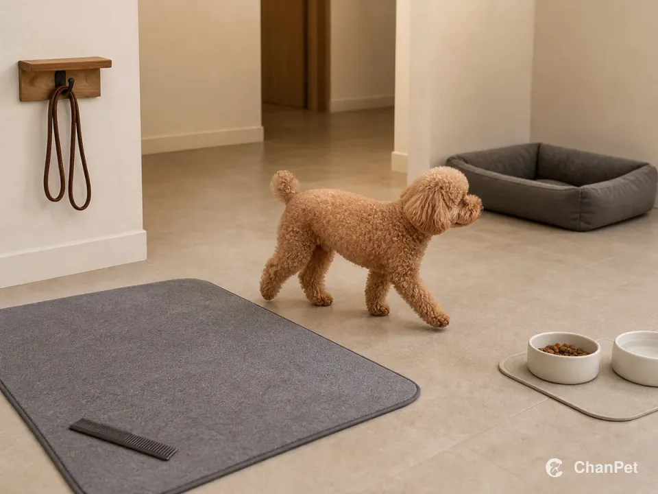 An apricot Toy Poodle walks through an indoor route with a short lead stored on the wall, a washable mat and plain comb, separate food and water, and a quiet resting bed.
