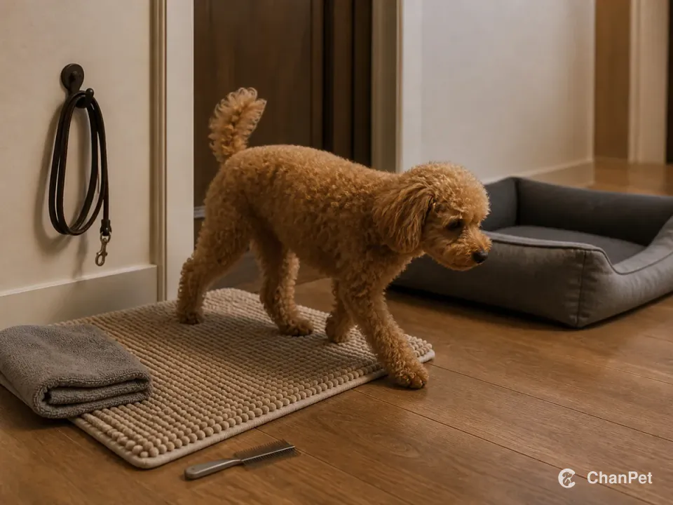 An adult Toy Poodle walking from a paw-wipe and grooming mat toward a washable bed, with a folded cleaning towel, comb, and stored lead nearby.
