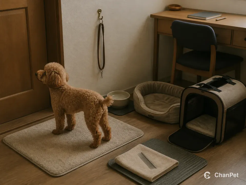 A Toy Poodle stands on a waiting mat by a door beside a stored lead, water bowl, bed, grooming mat and open plain carrier.