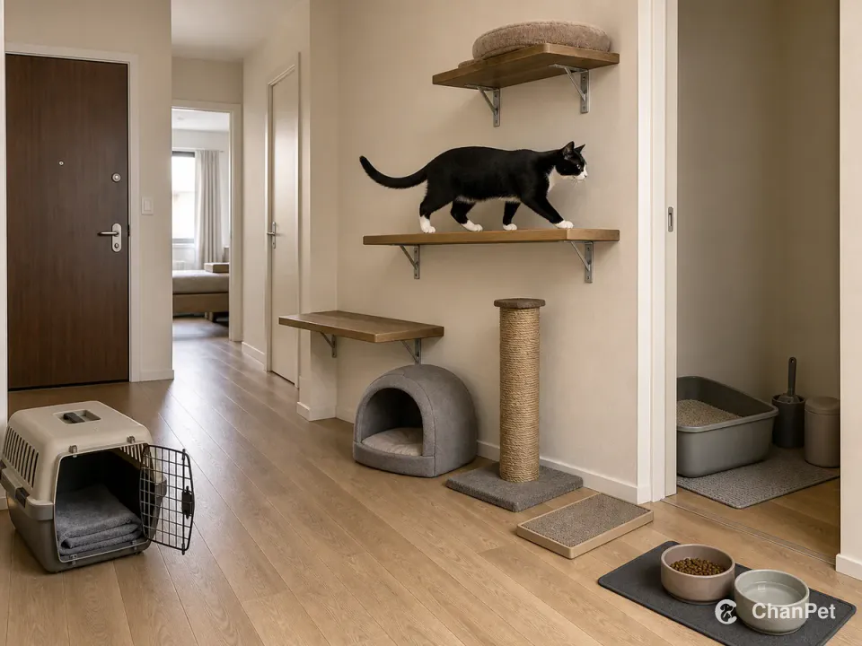A tuxedo cat walks along supported wall shelves in an apartment with separated litter, meals, scratching, hiding, and an open carrier by the entry route