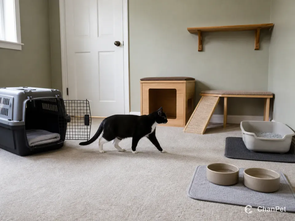 A tuxedo cat walks from a fully open carrier toward a two-exit hide in a quiet room with separate litter, food, scratching, and supported perch zones