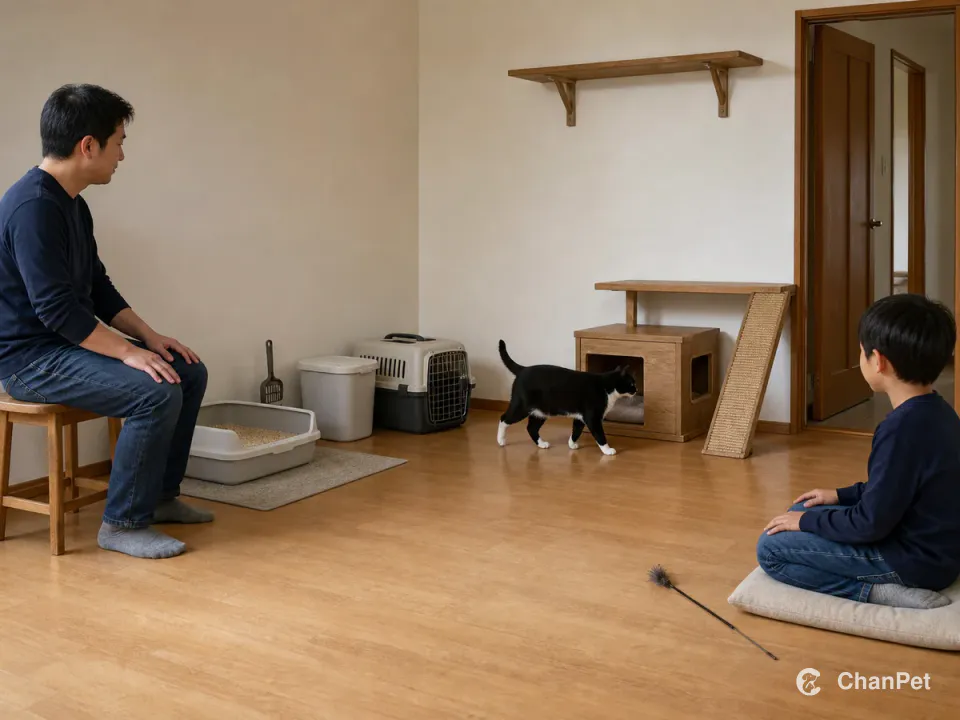 An adult sits beside the litter, food container, and carrier while a child waits with hands on knees and a tuxedo cat walks toward a two-exit hide, high perch, and open doorway