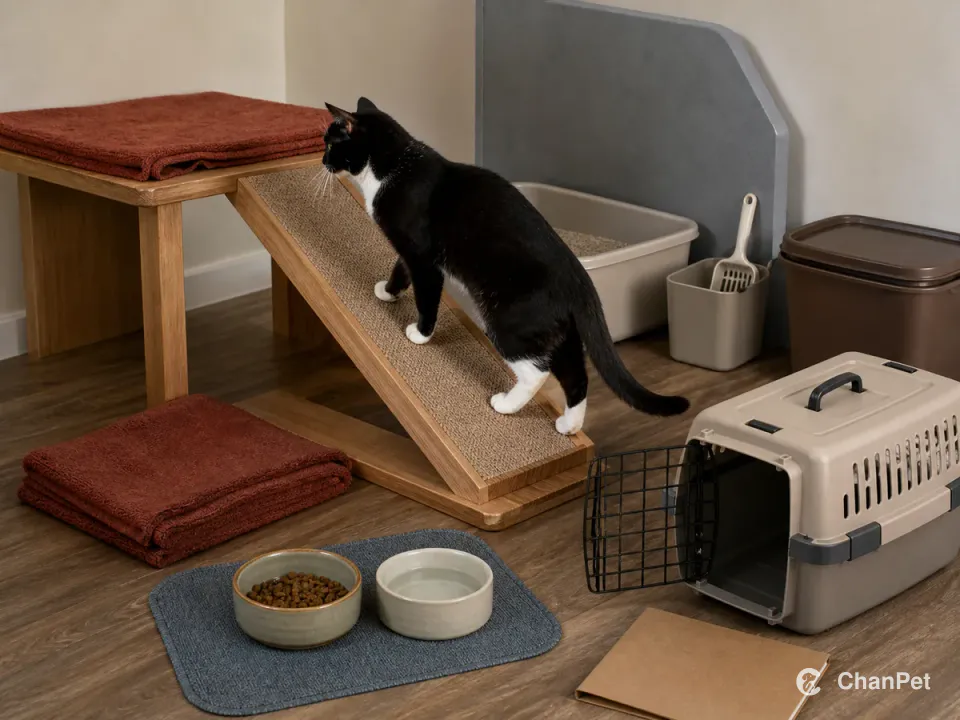 奶牛猫走上耐用抓坡，周围用不同中性色摆着食水、猫砂、运输箱、健康资料和可洗休息垫