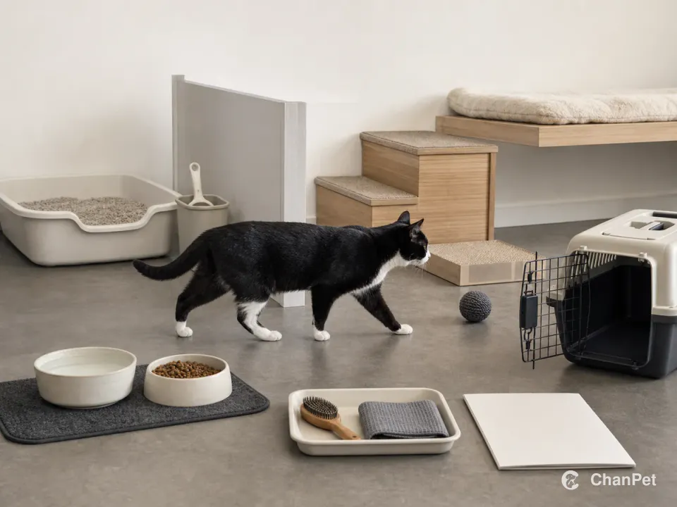 A tuxedo cat in side profile walking past separated food, water, litter, scratching, play, grooming, resting, and open-carrier stations
