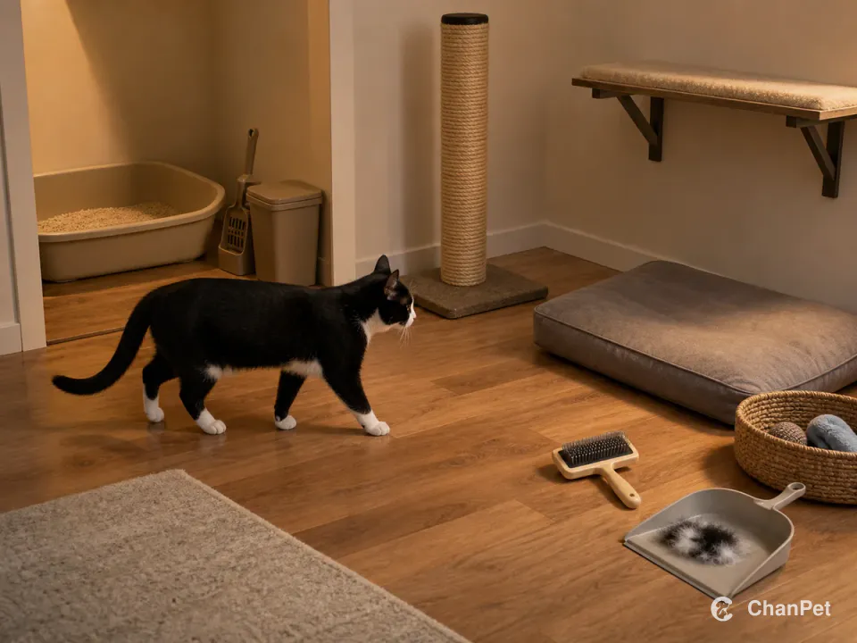 一只奶牛猫沿着猫砂盆、抓柱、浮毛清洁工具和休息位组成的晚间动线行走