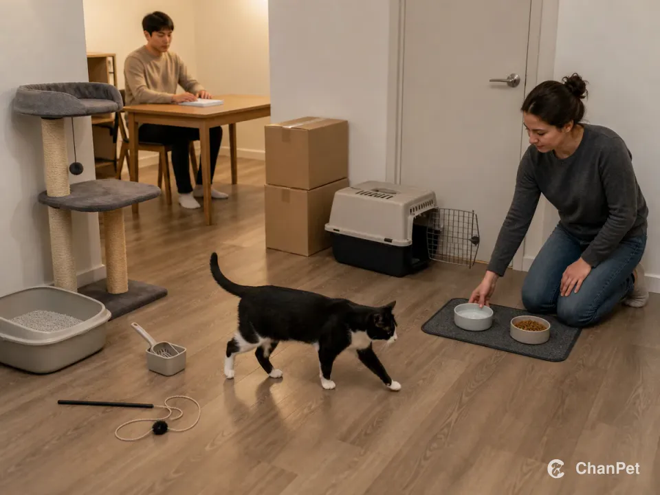 A student stays at a blank desk while a backup caregiver refreshes water for a tuxedo cat beside litter, play, moving boxes and an open carrier