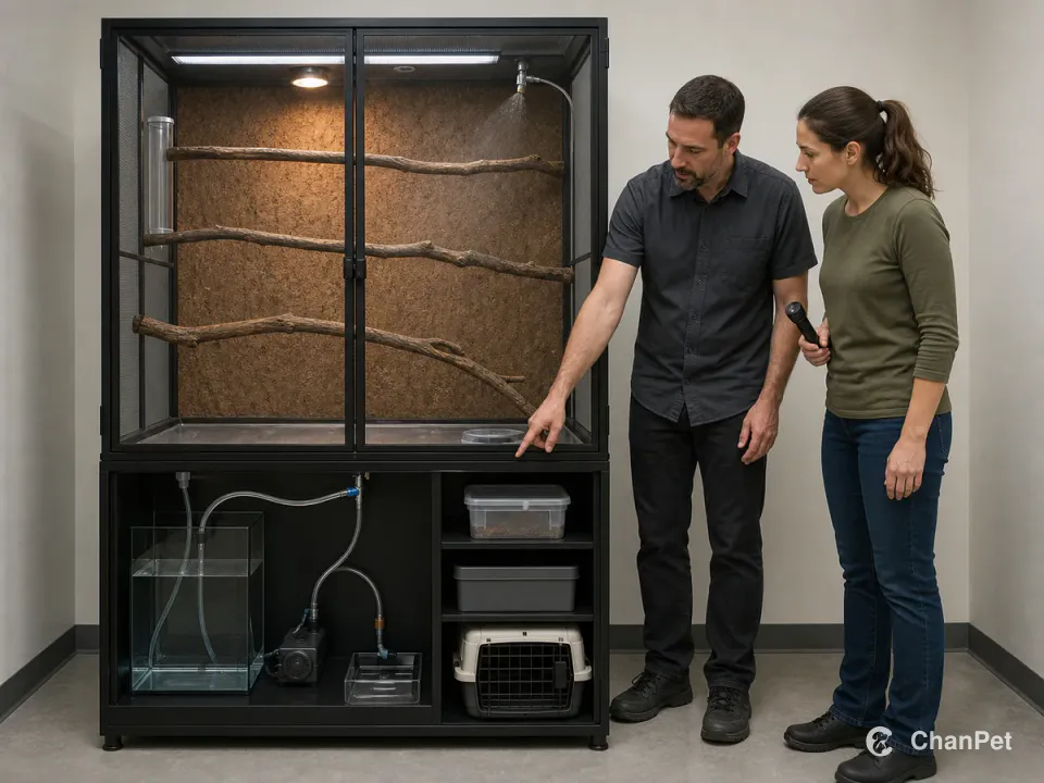 Two adults test lighting, misting, drainage and backup-care supplies around an empty vertical veiled chameleon enclosure.