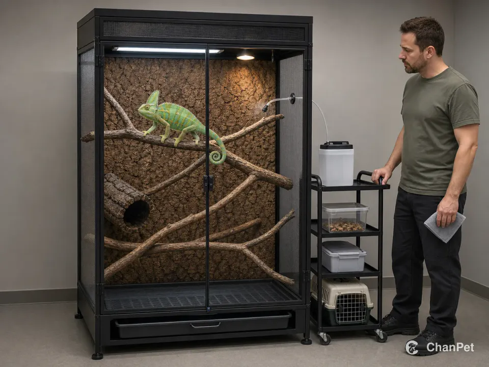 A veiled chameleon grips a branch inside a locked vertical enclosure while a caretaker inspects the misting reservoir, drainage tray, feeder tub, and cleaning station from outside.