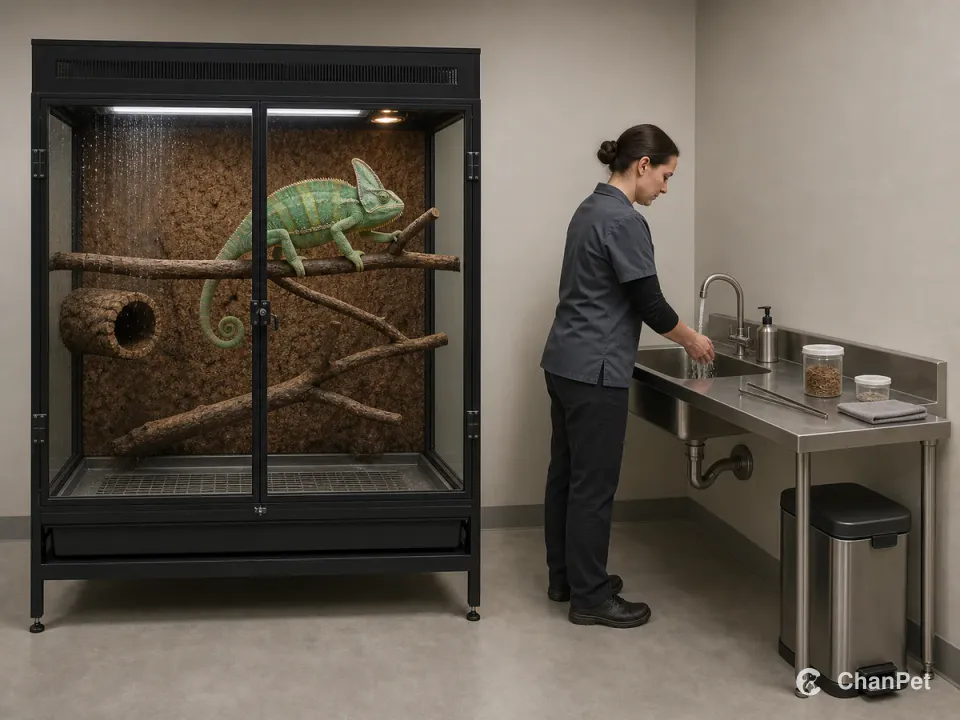 A veiled chameleon remains inside a misted locked enclosure while a caretaker washes at a fixed sink beside sealed feeder tubs, tongs, a towel, and a foot-pedal bin.