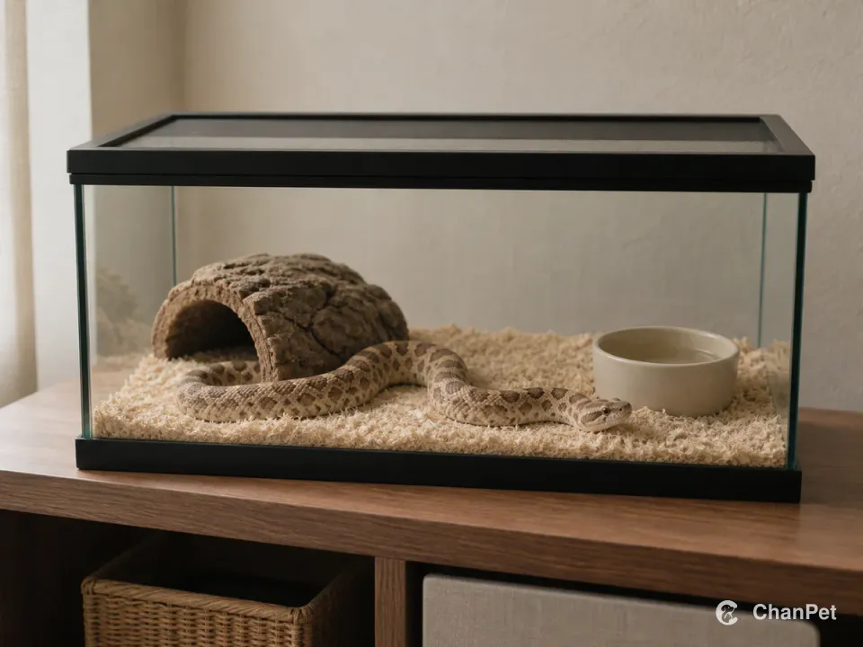 A western hognose snake rests on pale substrate inside a closed glass enclosure with a cork hide and water dish; the continuous front panel is clear.