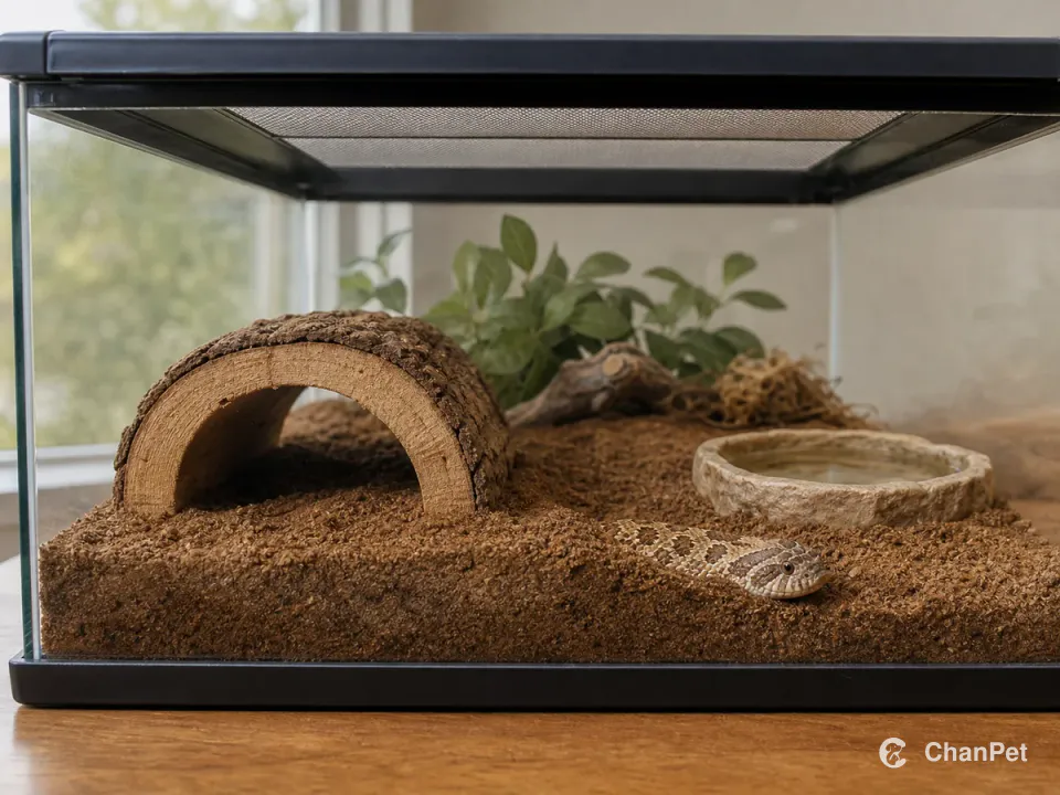 A western hognose snake inside an intact terrarium with a closed mesh lid, substrate, a hide and a water dish
