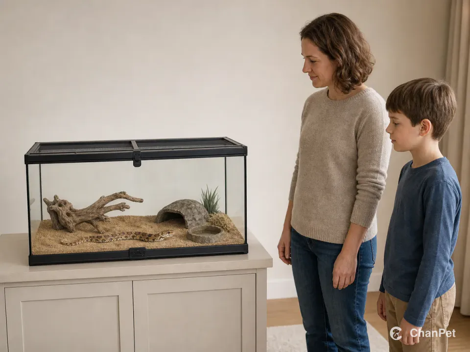 An adult and child standing outside a closed terrarium and calmly watching a western hognose snake inside