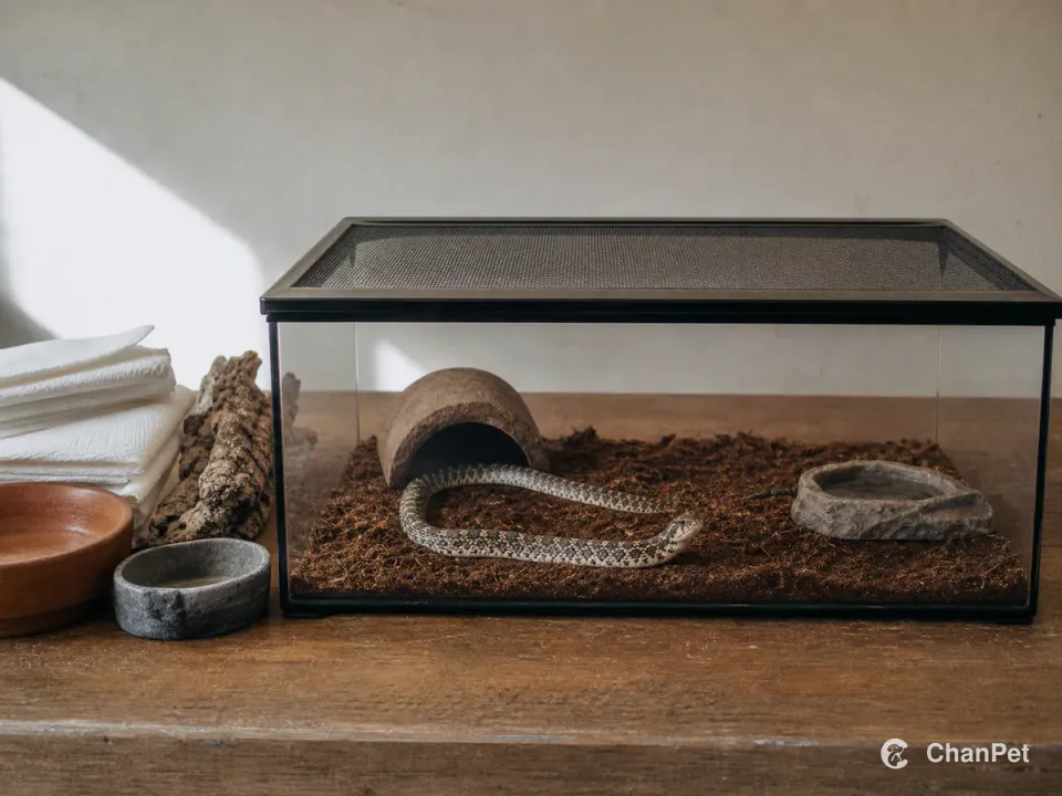 A western hognose snake rests in a low enclosure with a closed mesh lid while unbranded essentials sit outside.