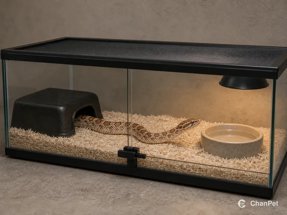 A western hognose snake moving through dry substrate inside a closed glass enclosure, beside clean water and a warm-end hide.