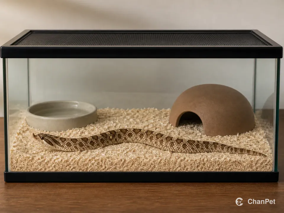 A western hognose snake rests on aspen substrate inside a closed glass habitat with a water dish and ceramic hide
