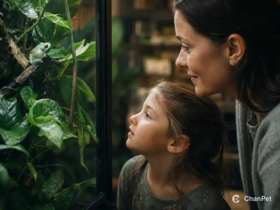 An adult and child observe a White’s tree frog through glass.