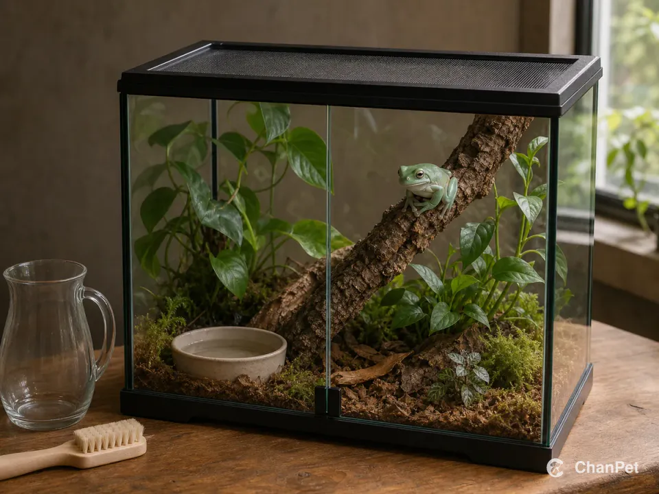 一只白氏树蛙待在盖好网盖的高型植物饲养箱里，缸内有攀爬枝、水碟和底材。