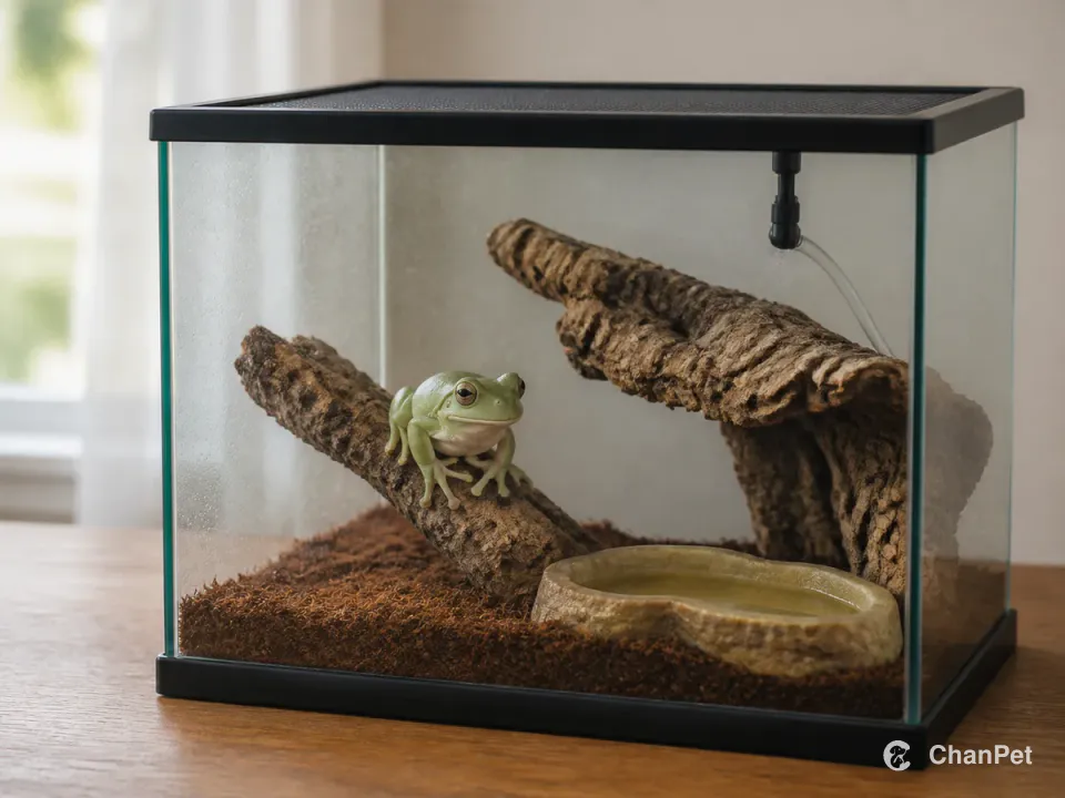 A White's tree frog on a cork perch inside a closed glass terrarium with a shallow water area and fixed misting tube